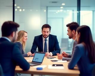 Business people discussing mobile devices and solutions in an office