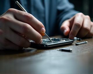 Technician repairing a smartphone screen on a workbench