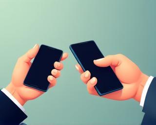 Hand holding an old phone next to a new phone during a trade-in