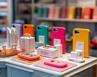 Collection of colourful phone cases, chargers, and headphones